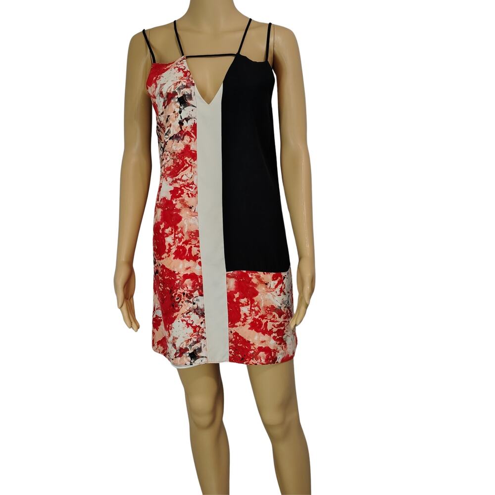Silk Slip Dress Red Patchwork Floral Keyhole Strappy Solid Black Back Size Small